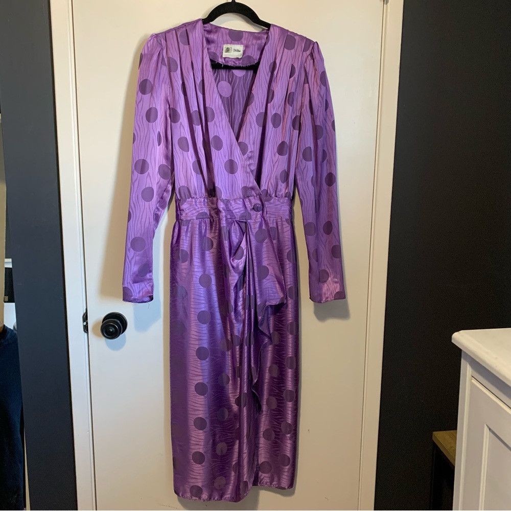 Vintage 1980s Orite Purple Dress Polka Dot Print Polyester Party Cocktail Midi